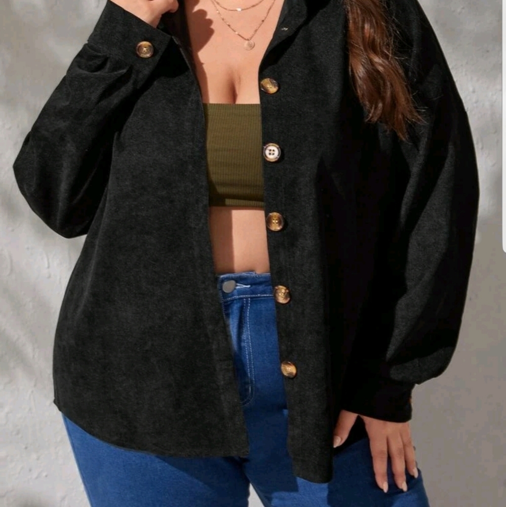 Plus Corduroy Drop Shoulder Jacket Black 4XL
